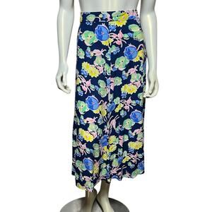 Talbots Floral Print Midi Skirt, Size 10, Navy Blue & Multi-Color, Rayon Fabric